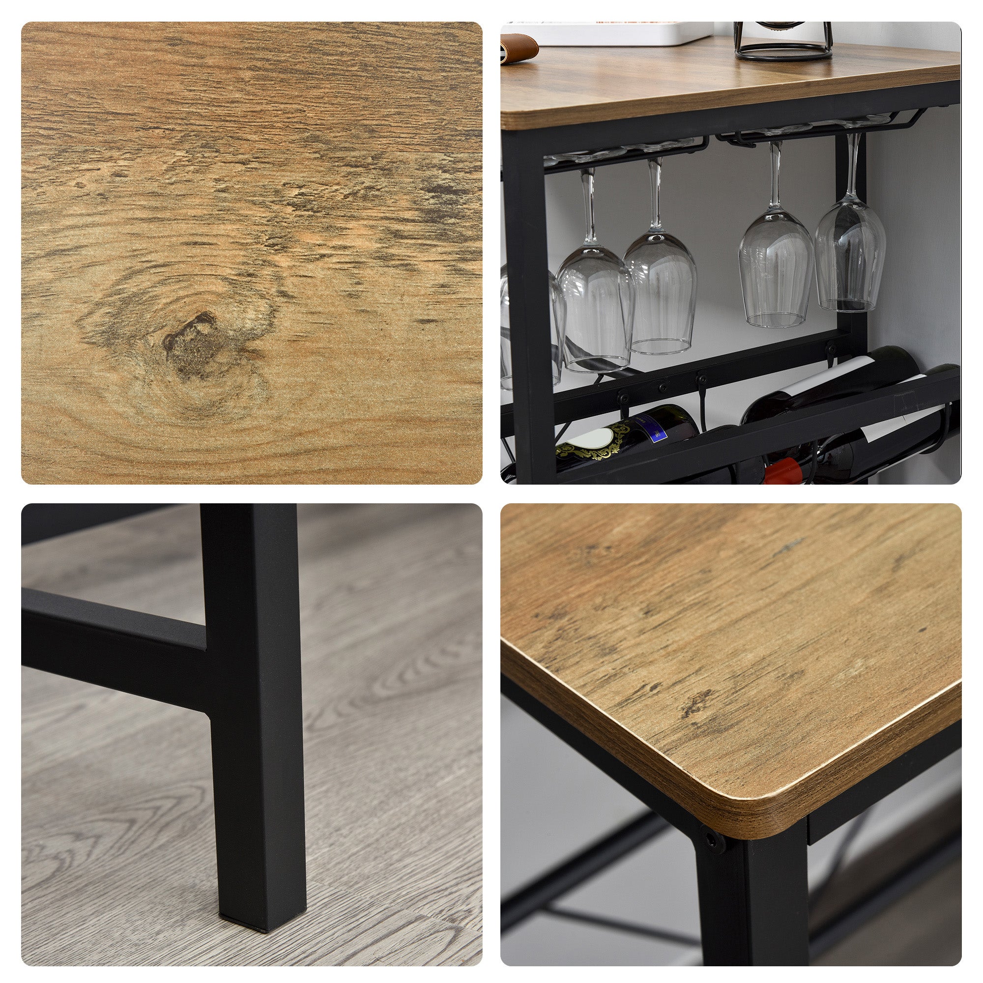 HOMCOM Set Tavolo 2 Sgabelli Alti Da Bar In Legno Isola Cucina Con Portabottiglie E Portabicchieri In Stile Industriale - 8