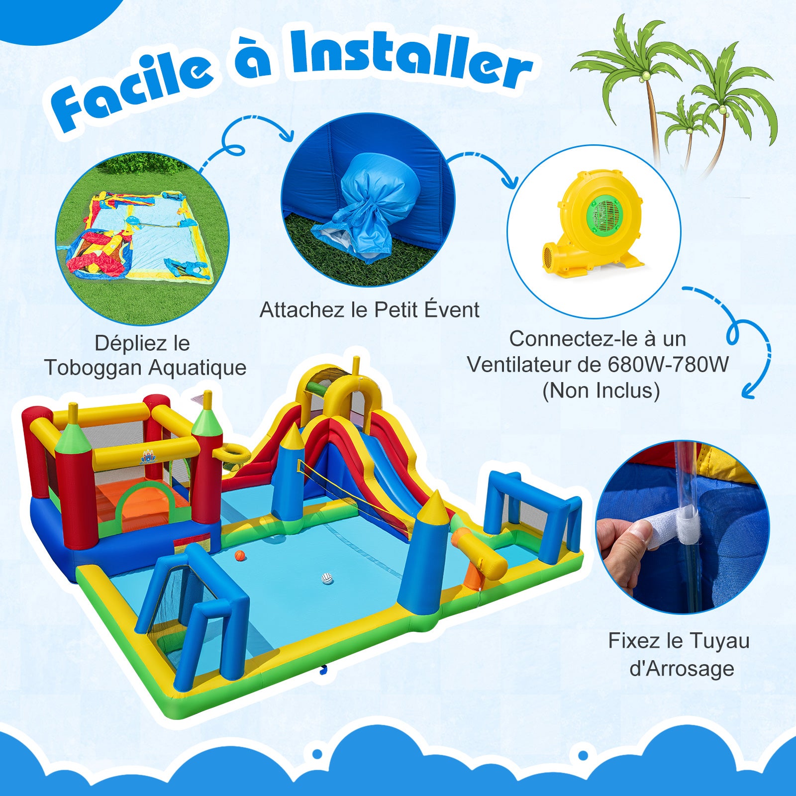 Structure Gonflable Toboggan Aquatique, avec Mur d'Escalade, Piscine avec Éclaboussures, Panier de Basket, Buts de Football, sans Souffleur - 6