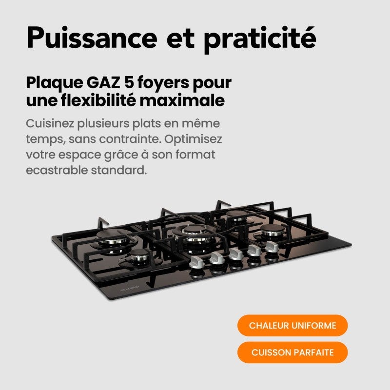 Plaque gaz 5 feux en verre noir - Brûleurs et grilles en fonte - 10 800 Watts encastrement 56x49 cm - 3