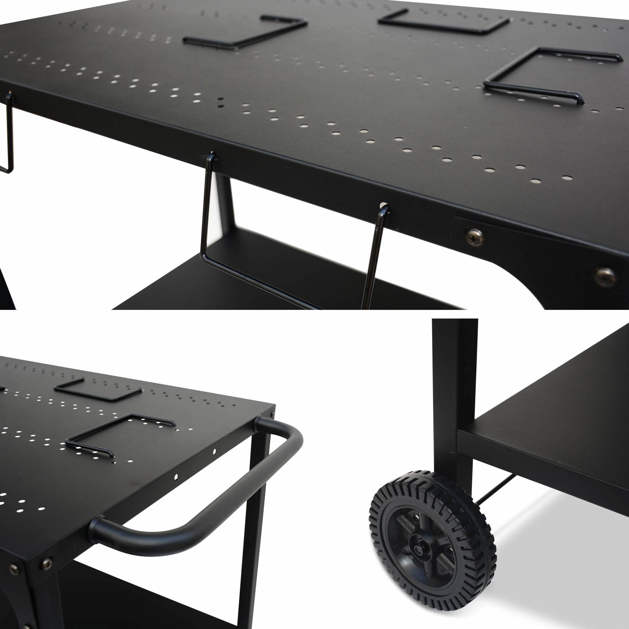 Desserte extérieure noire en acier modulable pour plancha avec deux roues - 7