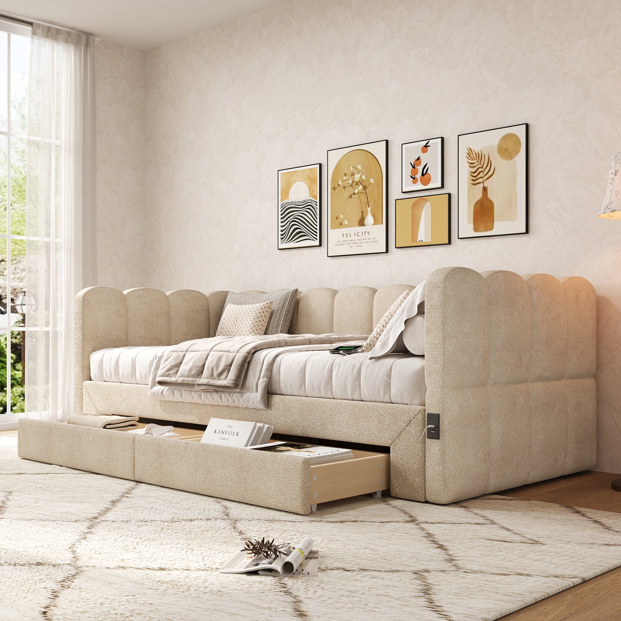 Łóżko wysuwane 90/180 x 190 cm z 2 szufladami, sofa rozkładana - tkanina szenilowa - port USB - beżowy (materac nie jest wliczony w cenę) - 2