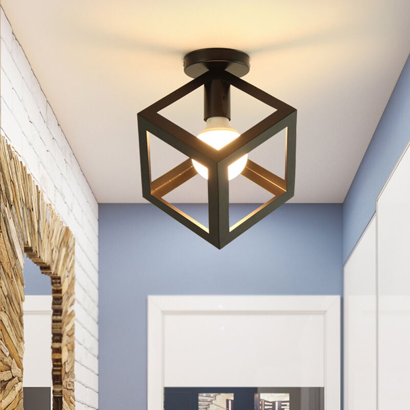 Lampa sufitowa Industrialna Klatka Kostka Kwadratowa z Metalu Żelaza Retro Żyrandol Oprawa Wisząca E27 Czarna