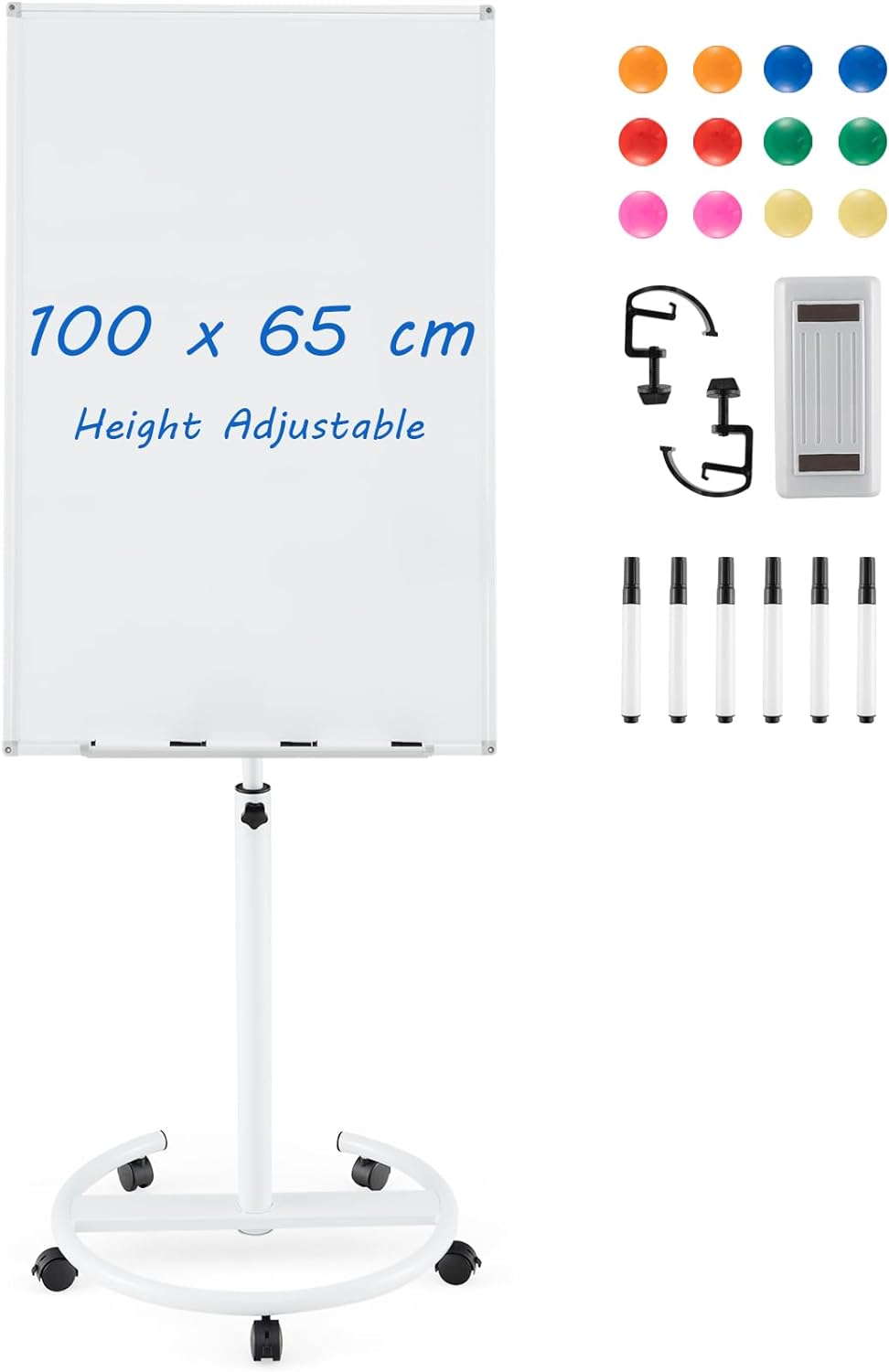 Tablica Suchościeralna 65 x 100 cm, Mobilna Tablica Magnetyczna z Regulowaną Wysokością Stojaka, Kompletne Akcesoria (Biała)