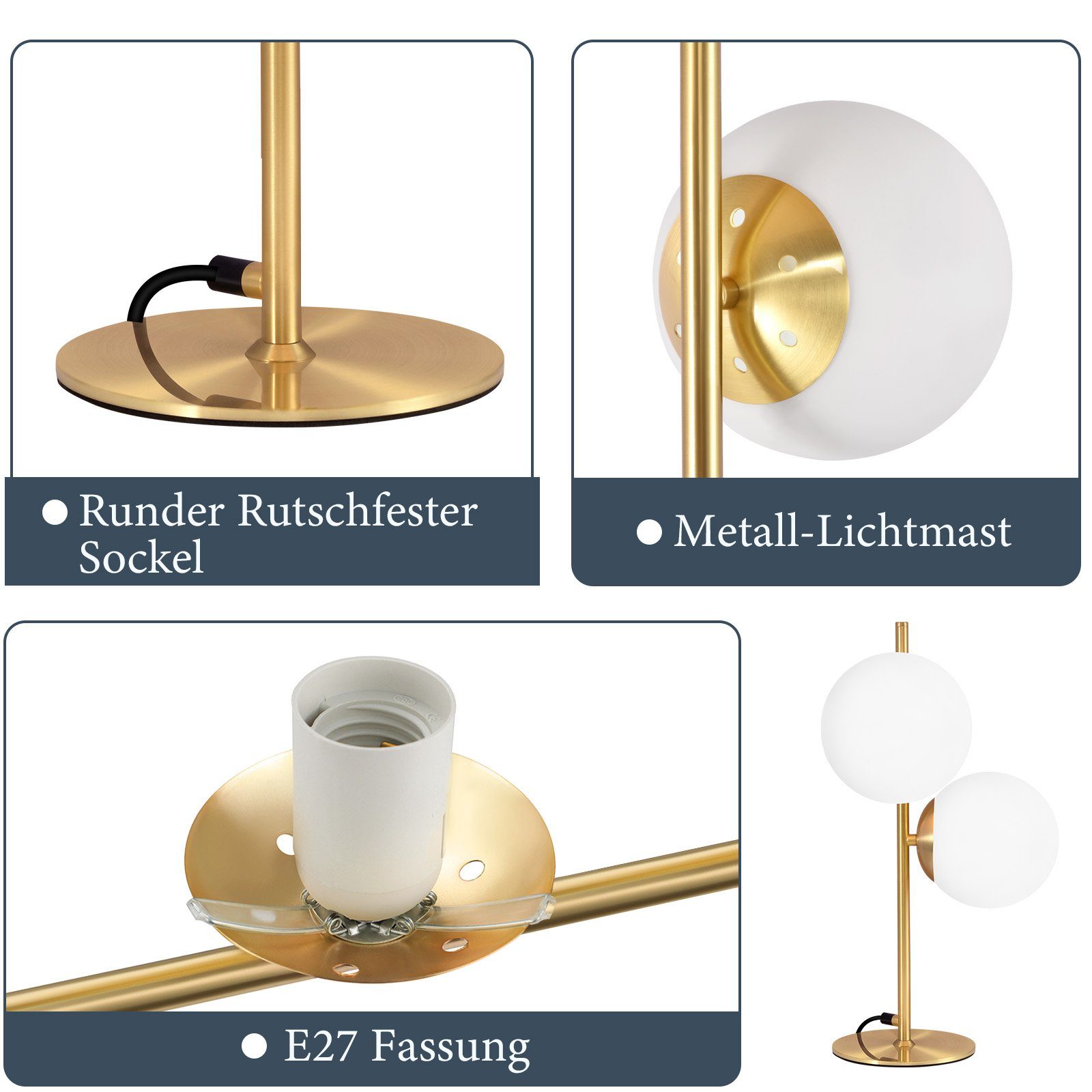 NETTLIFE lampada da tavolo moderna lampada da comodino industriale oro 2 lampadine con interruttore di design in metallo in vetro bianco E27 - 5