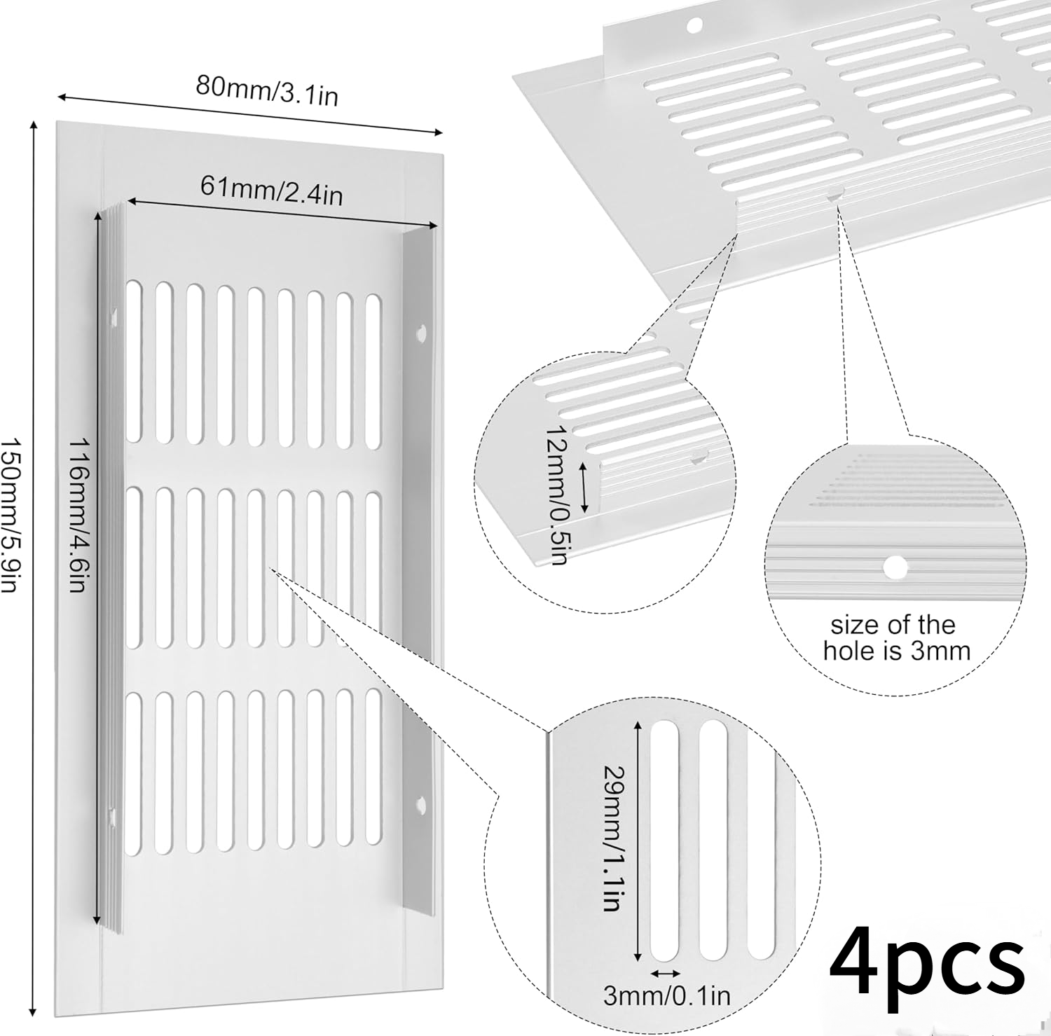 Kratka wentylacyjna aluminiowa z wkrętami, do wentylacji szaf i pomieszczeń, 15 x 8 cm, srebrna, 4 sztuki - 4