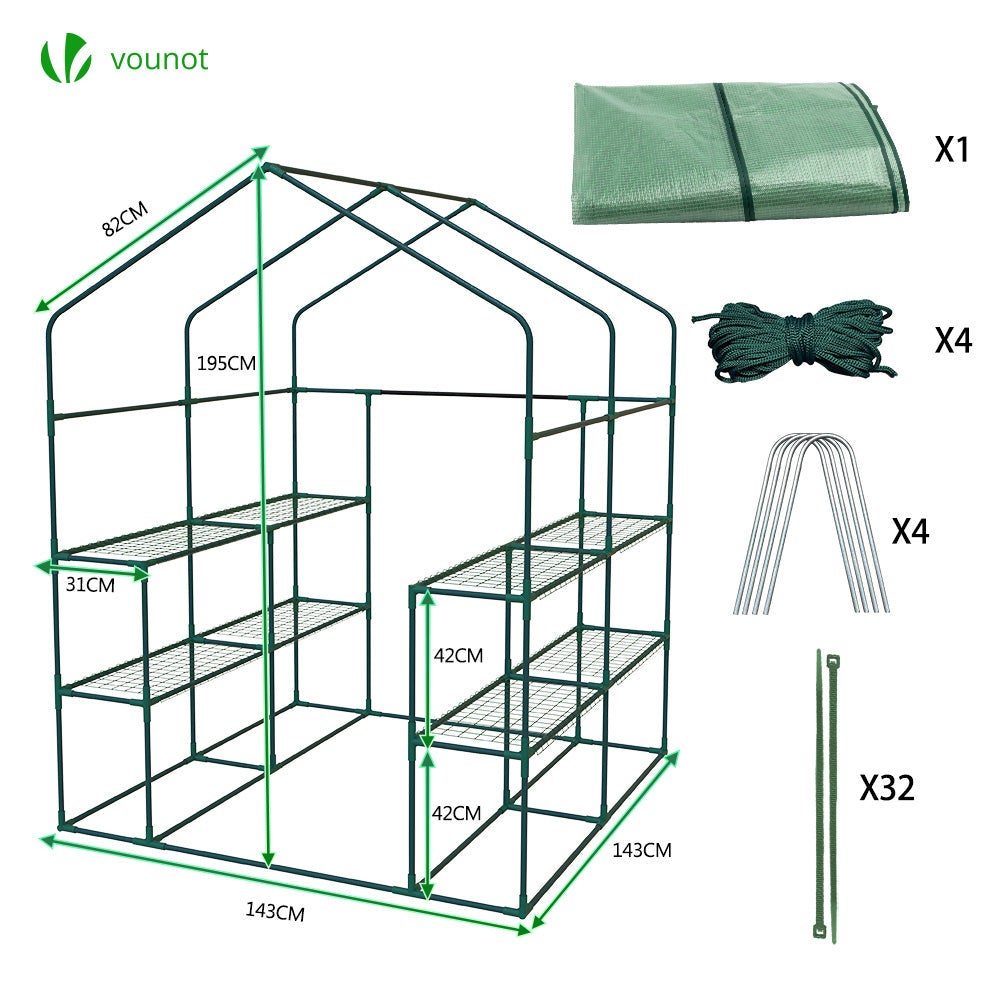Serre de jardin avec étagères 143x143x195cm vert - bâche renforcée 135g/m², fenêtre moustiquaire, porte enroulable zippée - VOUNOT® - 6