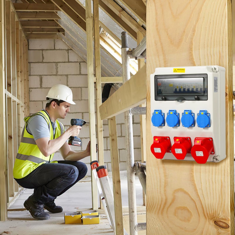Distributore di corrente da muro con scatola da cantiere con magnetotermico e FI, distributore elettrico 1X32A 2X16A 4x230V MIT LS + FI - 5