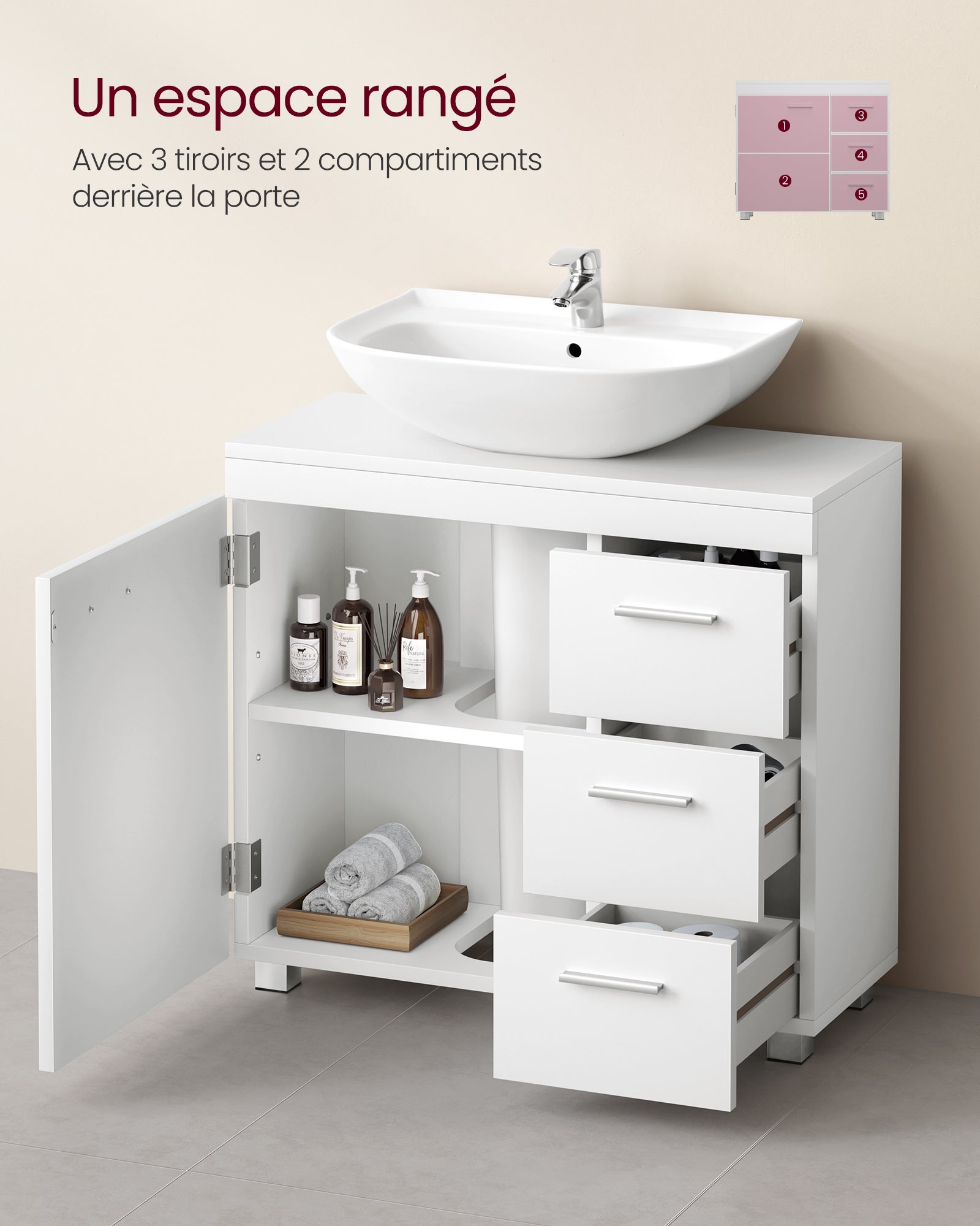 Meuble sous Lavabo, 3 Tiroirs Latéraux, 2 Compartiments Derrière la Porte, avec Pieds, 30 x 70 x 64 cm, Blanc Nuage - 4