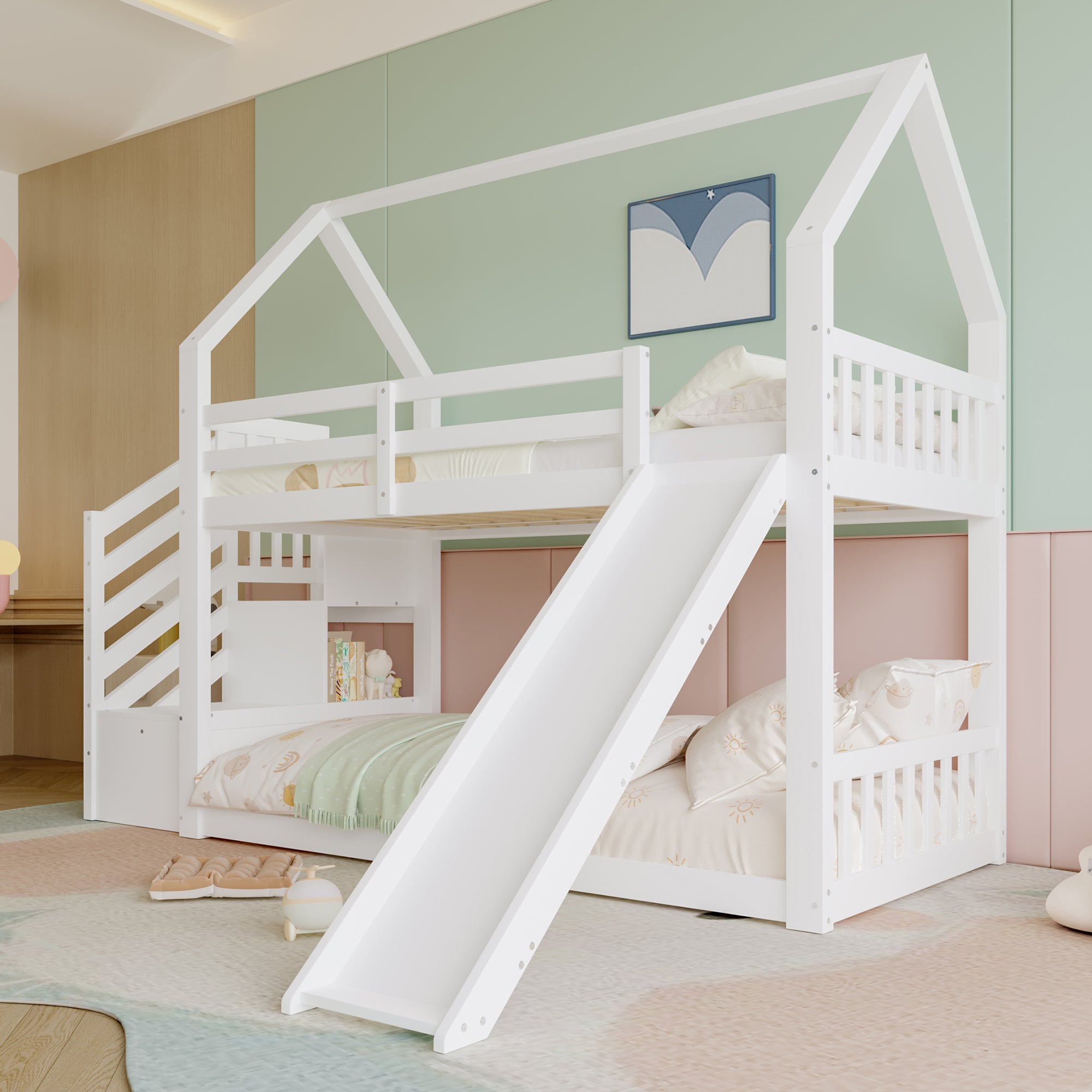 Merax  Literas 2 X 90 X 200 Cm Con Tobogán Y Escalera De Almacenaje, Pino Y Mdf, (Sin Colchón) Gris , Leroy Merlin