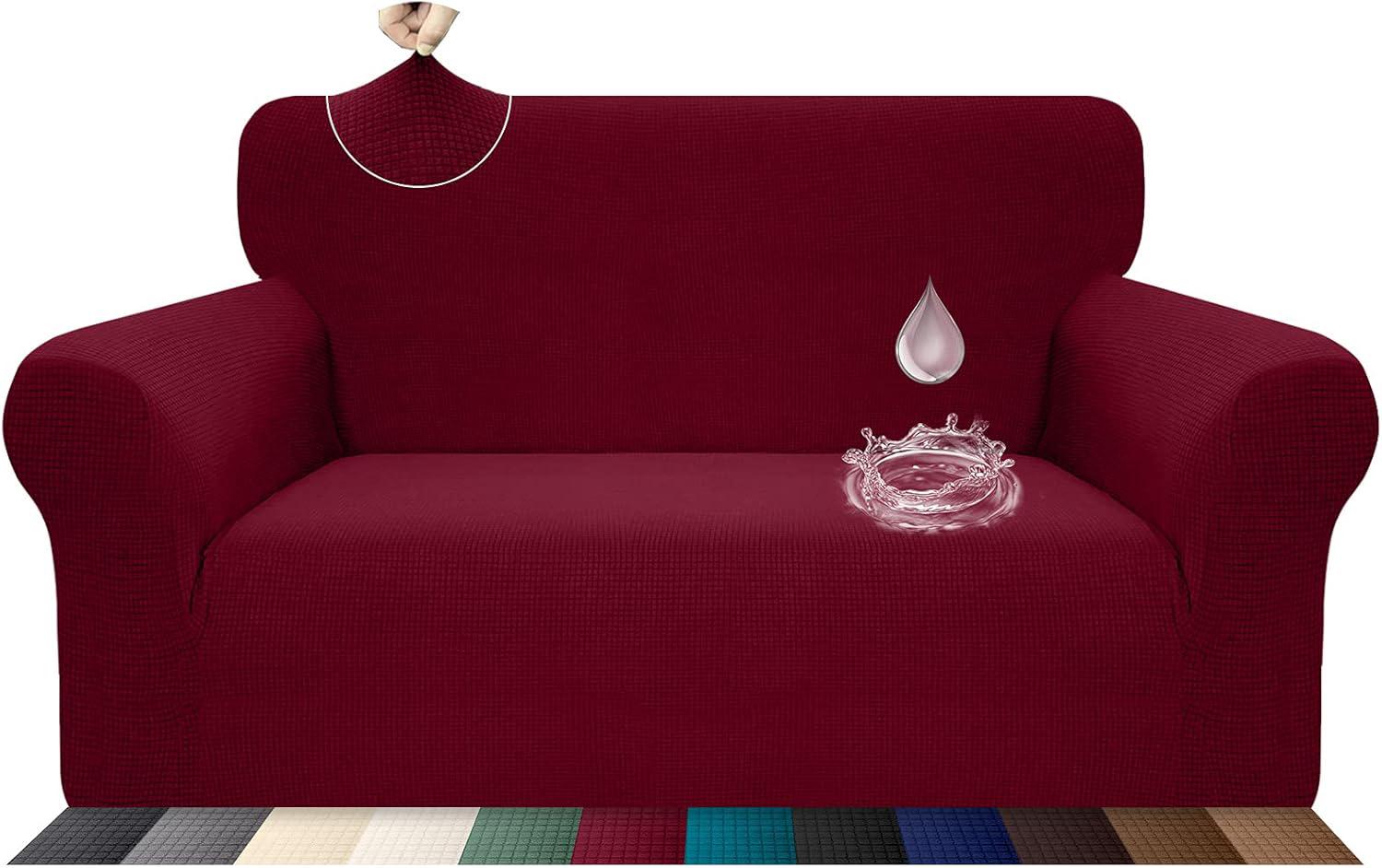 Federa Elasticizzata Per Cuscino Divano 3 Posti – Tessuto Jacquard Quadri Vino Rosso (Protezione Antimacchia)