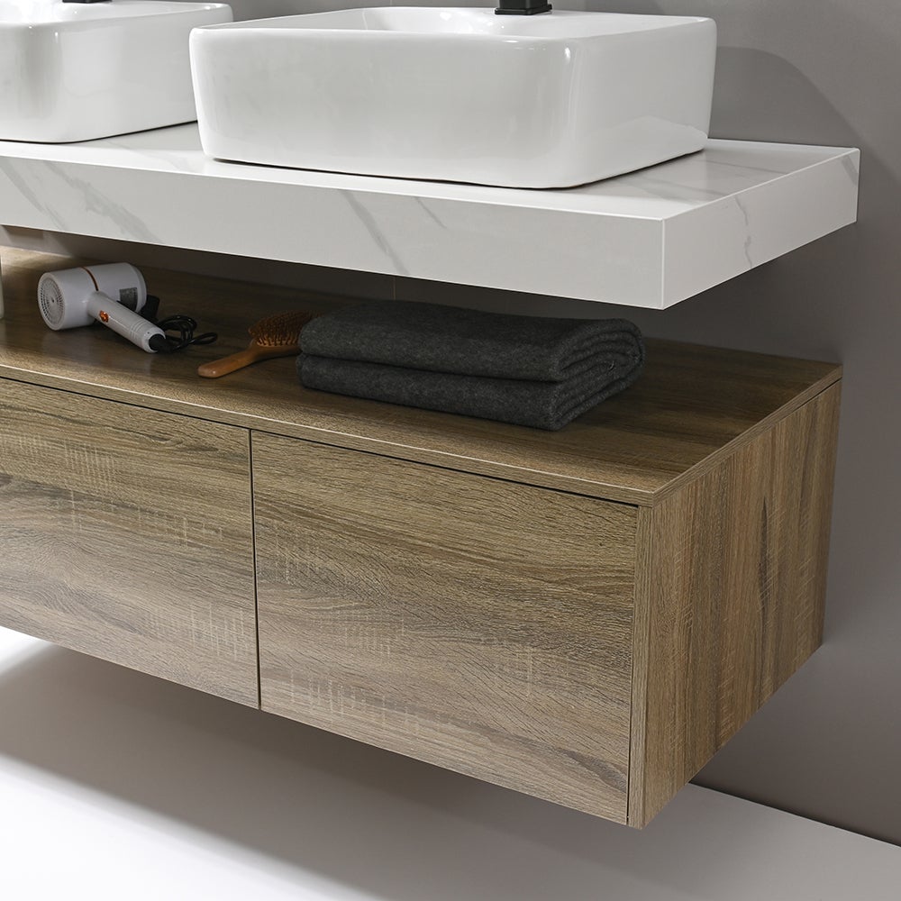 LuxuryBain - Meuble de salle de bain double vasque 140cm bois et effet marbre avec miroir led - 4