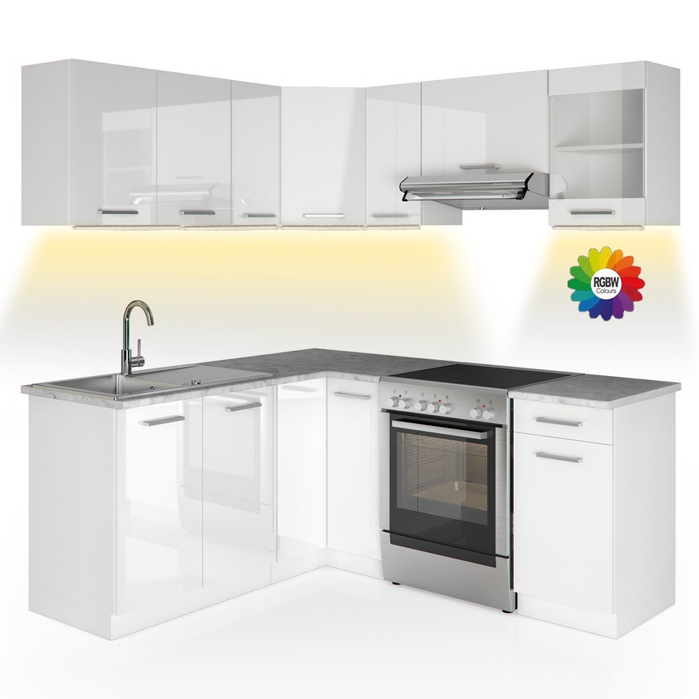 Vicco Kuchnia narożna Rick, Biały wysoki połysk/biały, 187 x 60 cm , BP Marmur z taśmą LED