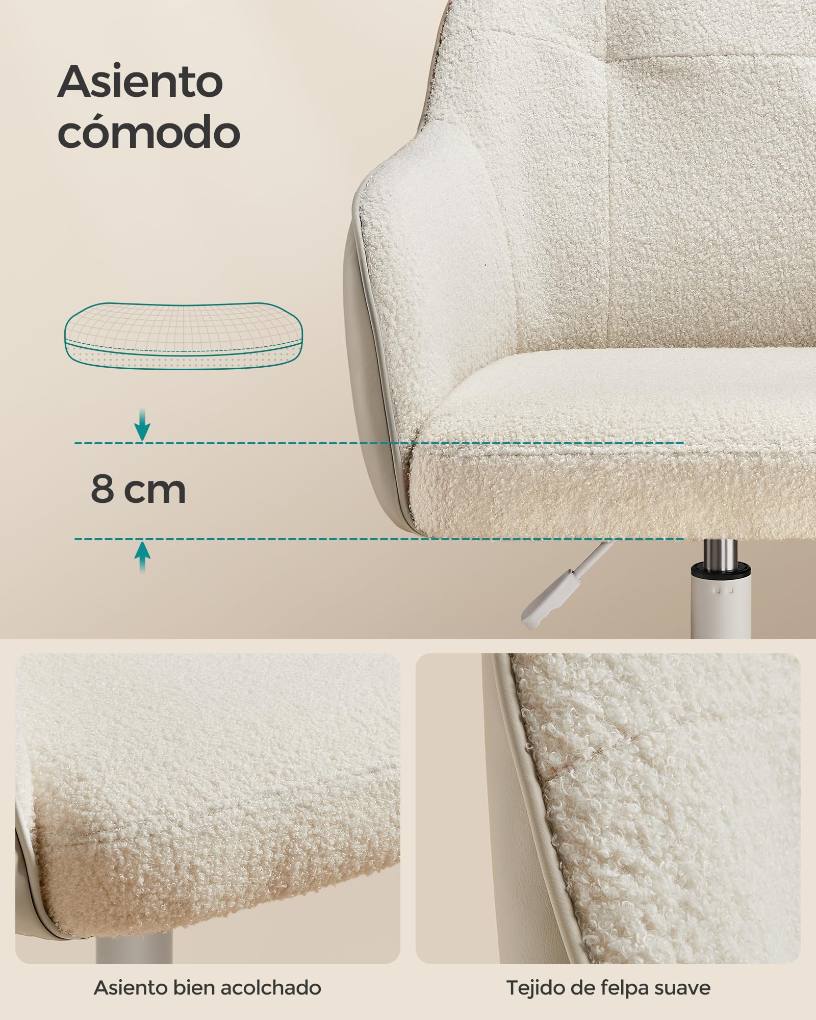 Silla de oficina giratoria y cómoda, altura ajustable, capacidad de carga 120 kg, estructura de acero, terciopelo, beige - 6