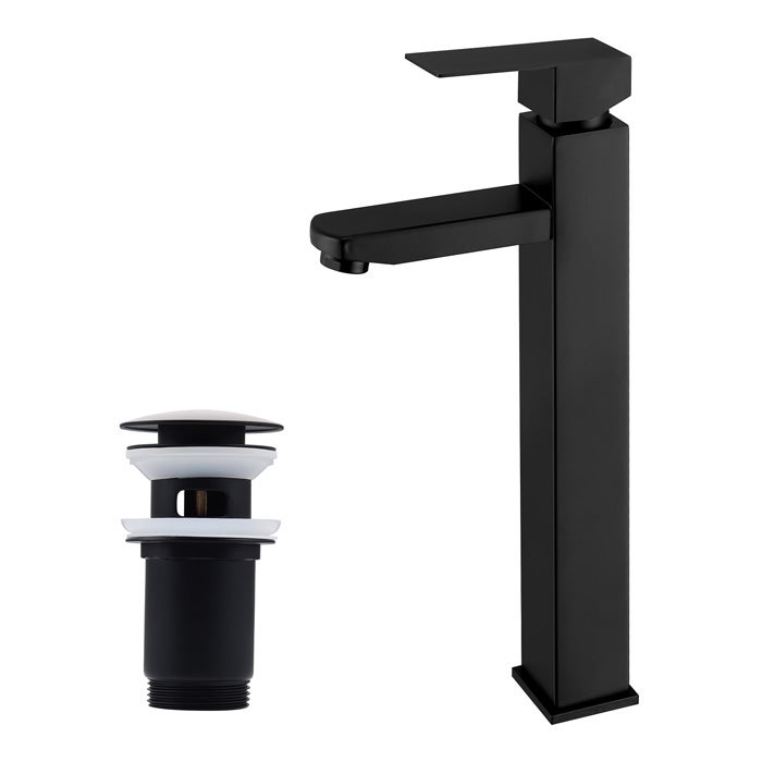 Homelody Czarny, wysoki kran umywalkowy + automatyczny korek, nowoczesny zestaw kranów