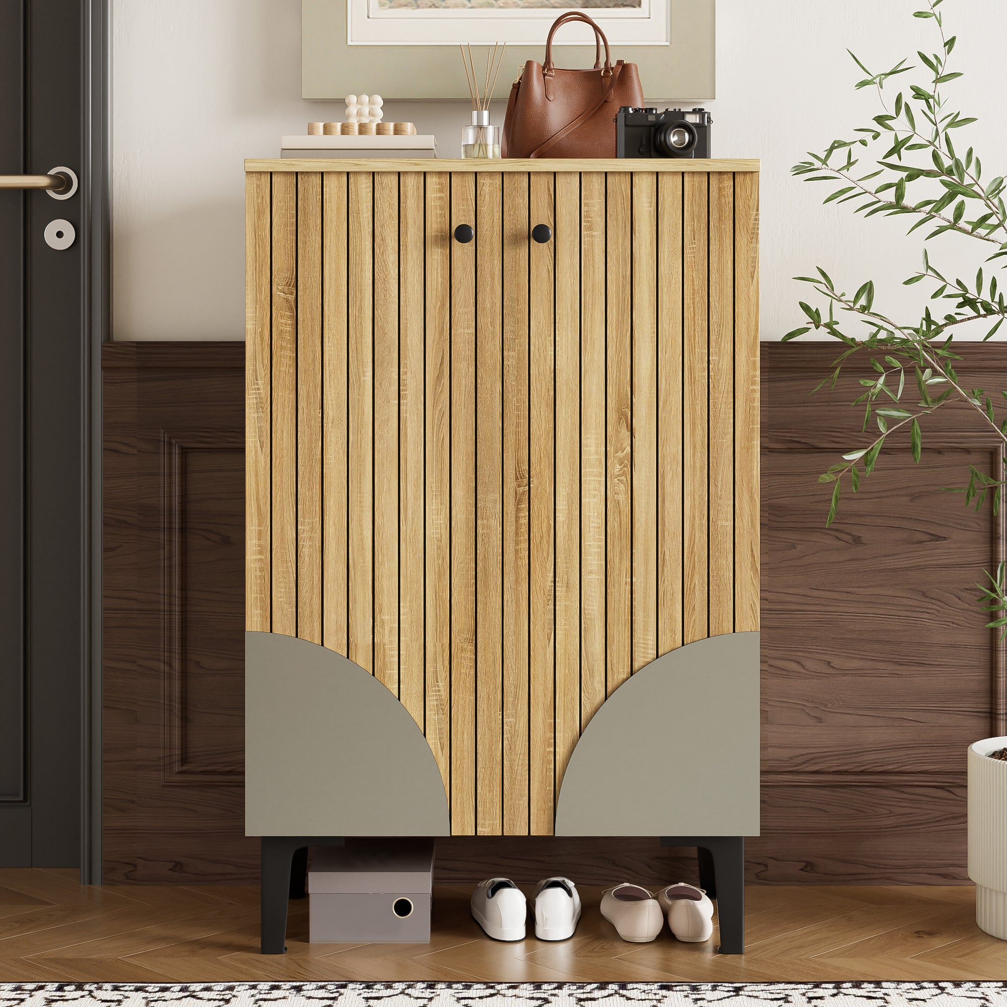 Meuble à chaussures avec 2 portes et 4 étagères - 60 x 32 x 94 mc - MDF et panneaux de particules - Pièds en métal - Naturel - 6
