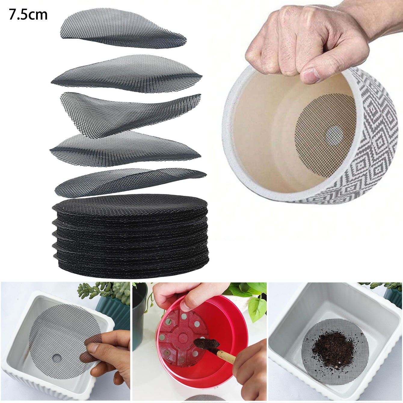 50 sztuk siatki do otworów w doniczkach, ekrany otworów drenażowych do doniczek 75 mm, zapobiegające utracie gleby, mata siatkowa