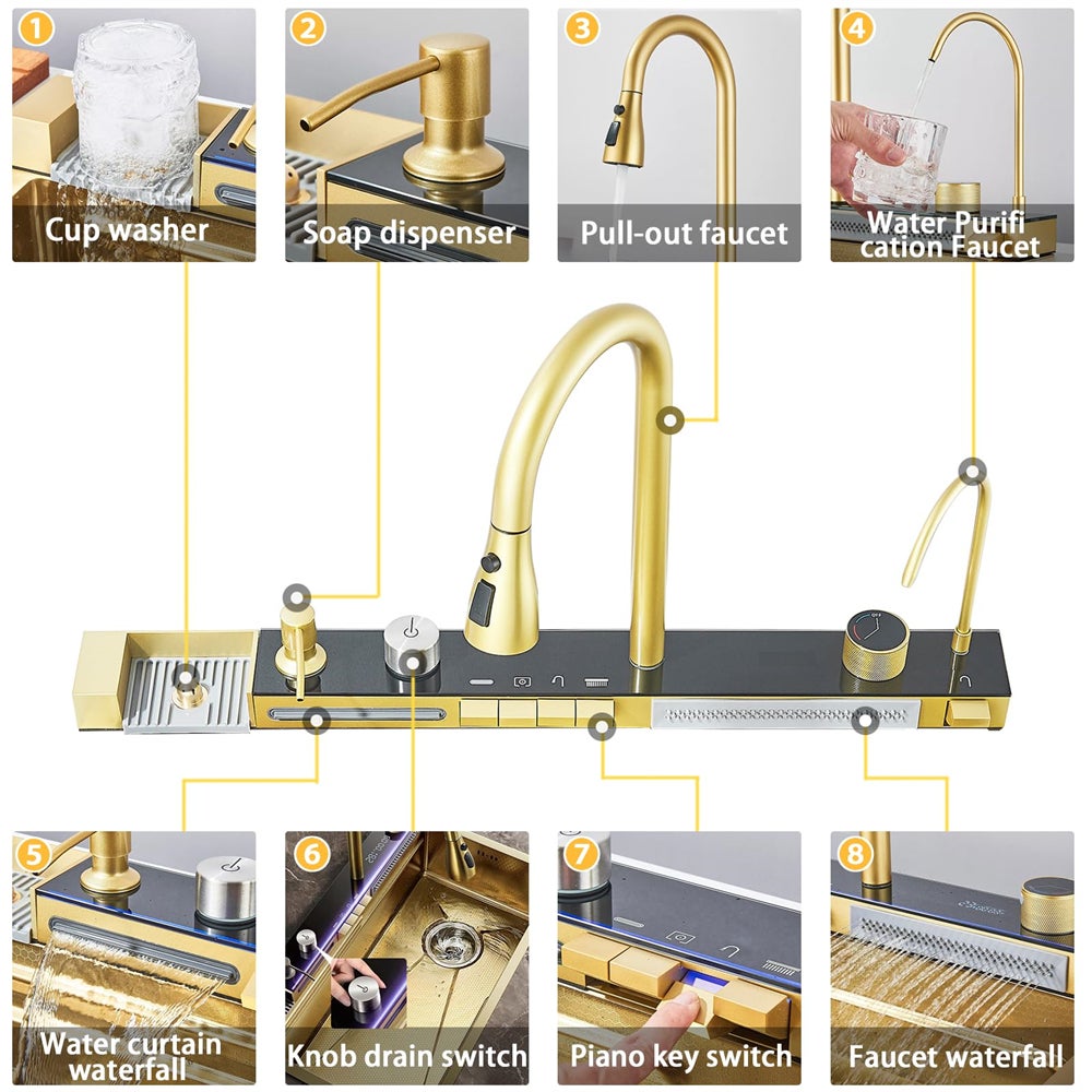 Évier de cuisine double cascade en acier inoxydable, grand évier de cuisine simple avec grand robinet et température réglable (doré) - 3