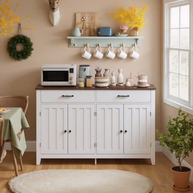COSTWAY Credenza da Cucina Armadietto Cucina in Legno con Ante in Vetro COSTWAY Credenza da Cucina Armadietto Cucina in Legno con Ante in Vetro