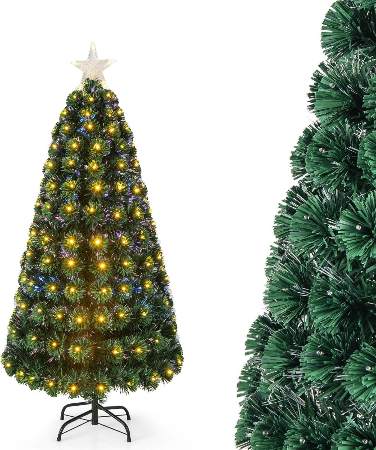 Sztuczna Choinka Bożonarodzeniowa 150 cm, Choinka z 170 Gałęziami z PVC, 170 Lampkami LED, Świecącą Gwiazdą, Światłowodem i 8 Trybami Świecenia