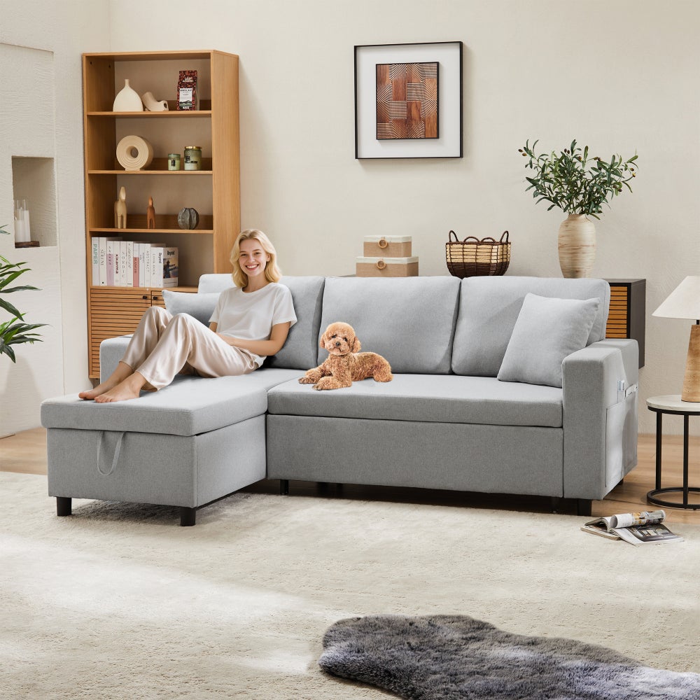 Sofa rozkładana w kształcie litery L z kieszeniami do przechowywania, odwracalna z lewej/prawej strony, szara
