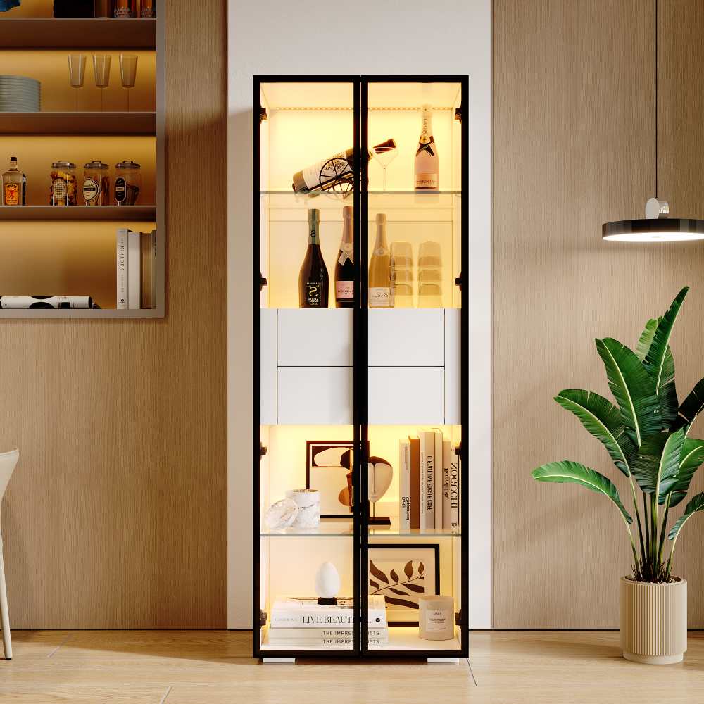 Vitrine LED en Verre Trempé 60x40x160 cm avec 2 Tablettes et 2 Tiroirs ...
