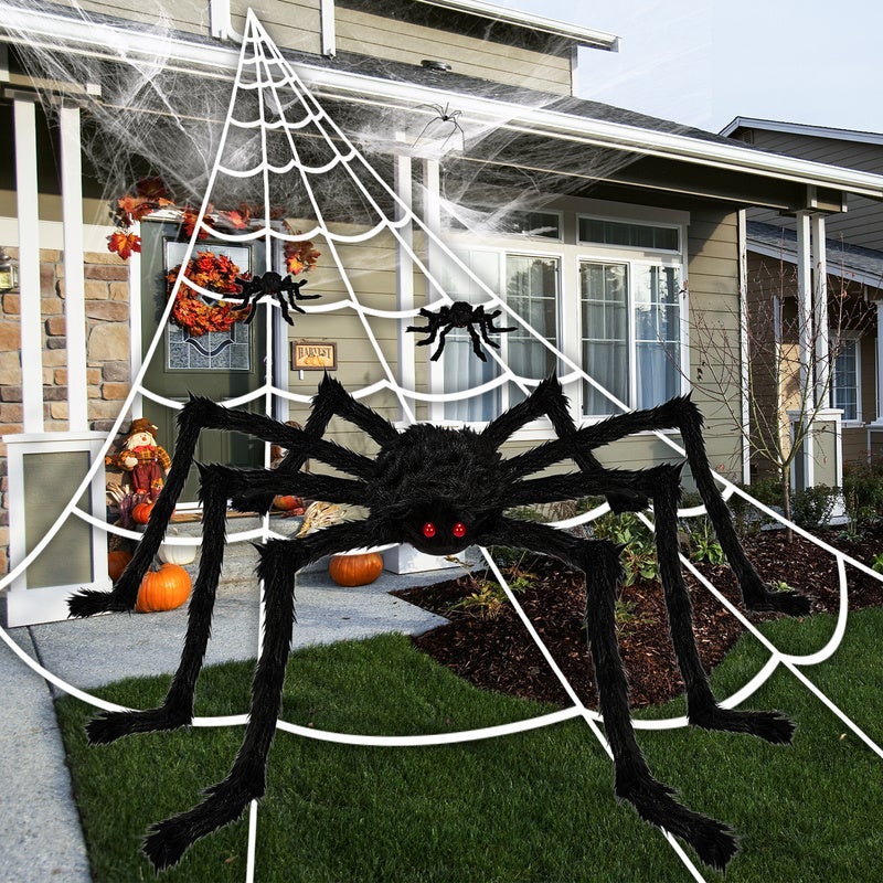 Toile D’araignée Halloween – Avec Araignée Réaliste En Peluche – Décor Pour Jardin, Fenêtre, Table – Réutilisable