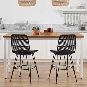 Set 4 Sgabelli Da Bar In Rattan E Legno Massello - Beige/Lino - Altezza 66 Cm Con Schienale Curvo - Per Isola Cucina E Bancone - 3