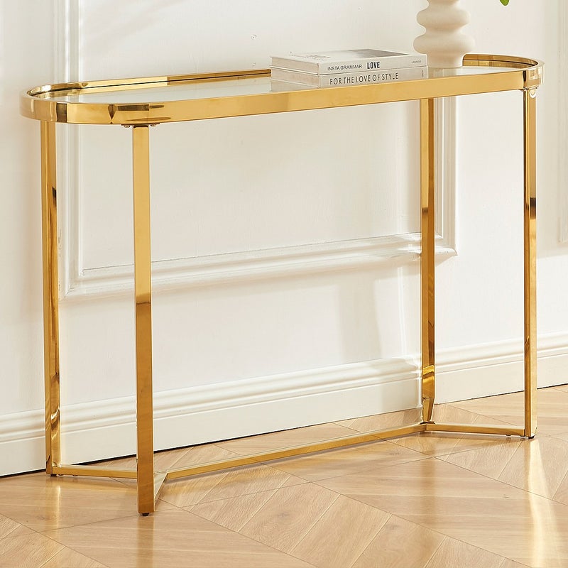 Stolik konsola ze szkła hartowanego i stali nierdzewnej chromowanej – Transparentny i złoty – JOLINY marki Pascal Morabito