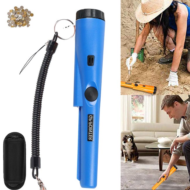 Przenośny wykrywacz metali w skórzanym etui, wodoodporny, wbudowany wskaźnik LED, precyzyjne skanowanie 360°, do poszukiwania skarbów (niebieski)