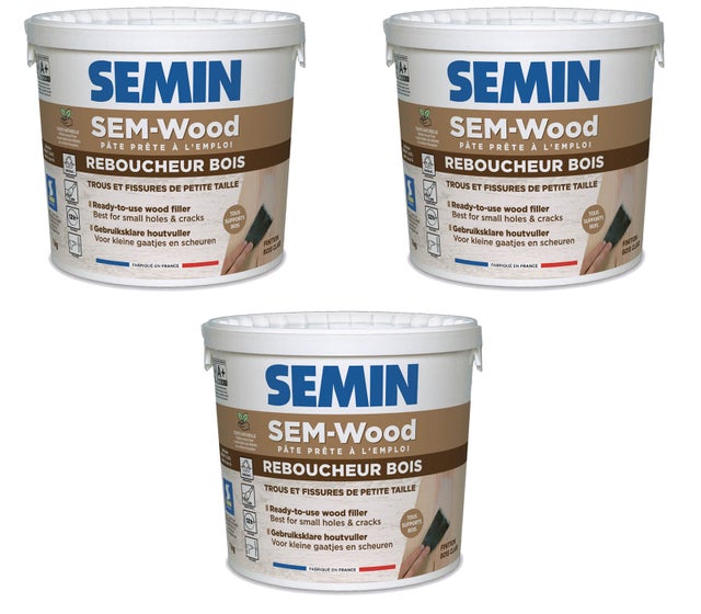 Semin - Reboucheur Bois - Traitement des Trous et Fissures - Intérieur/extérieur - Finition Bois Clair - Prêt à l’emploi - Seau de 1 kg (Lot de 3)