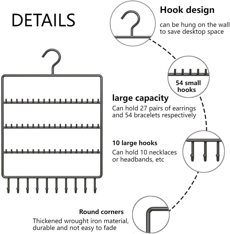 Organiseur de bijoux à suspendre à 5 niveaux, support mural multifonction en fer pour boucles d'oreilles, bracelets, colliers, bracelets, bagues - 2