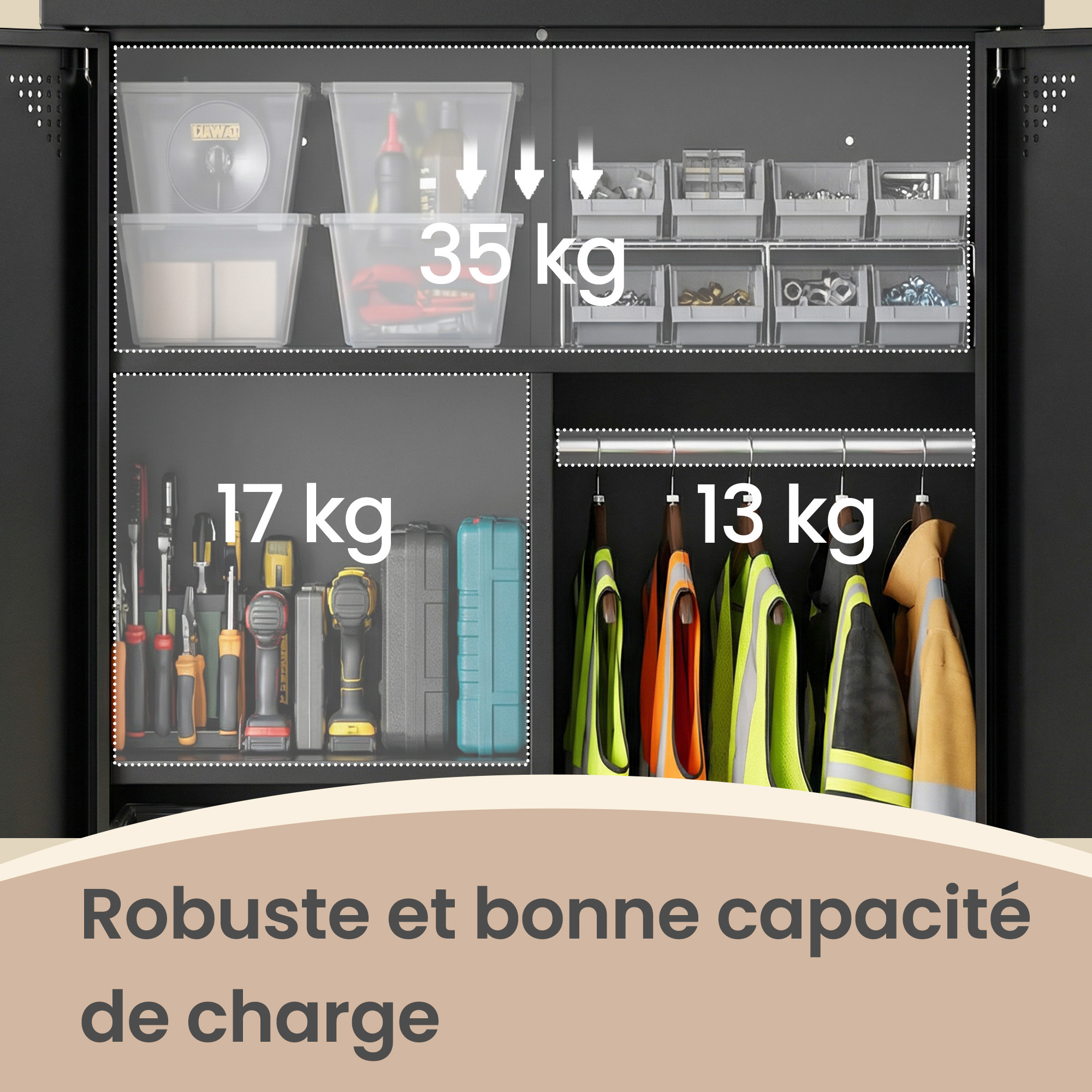 Armoire Métallique avec Tringle, 2 Portes, 5 Compartiments, Verrouillable, Pieds Hauts, Noir - 7