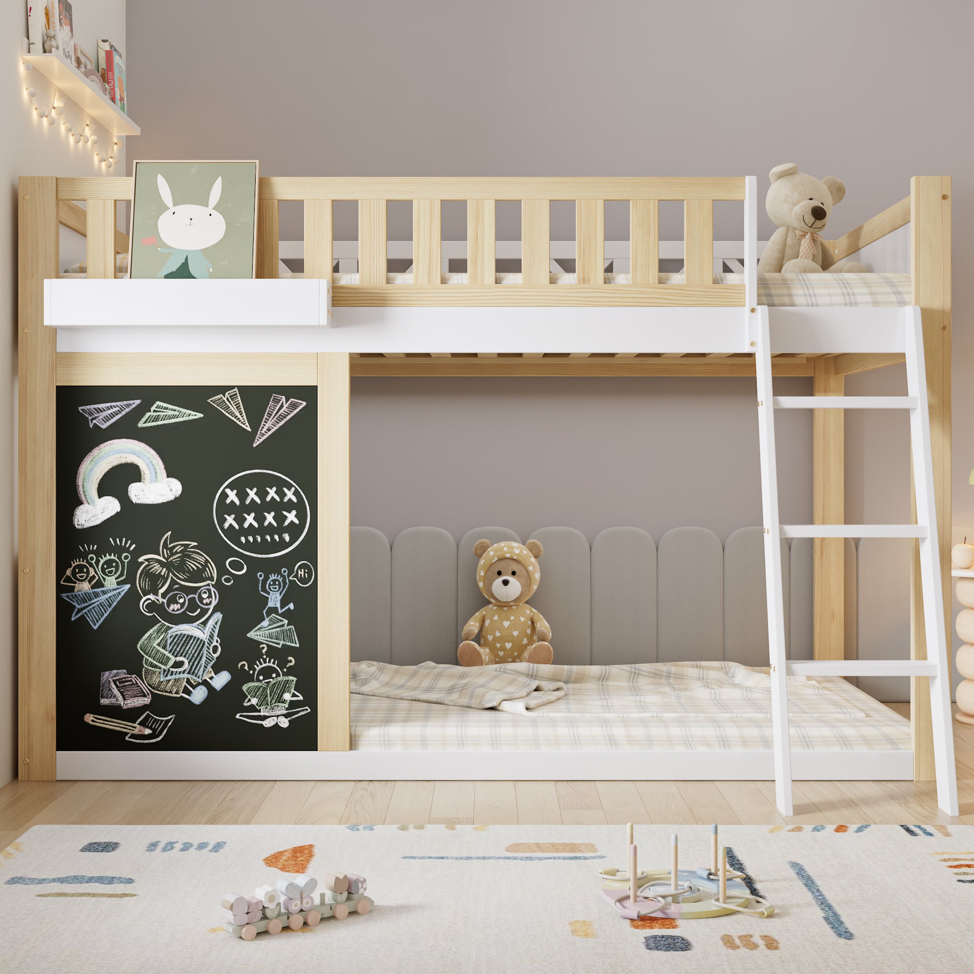 Łóżko mezzanine 90x200cm - z drabiną i tablicą - z barierką bezpieczeństwa - drewno lite + MDF - Biały + Naturalny (bez materaca)