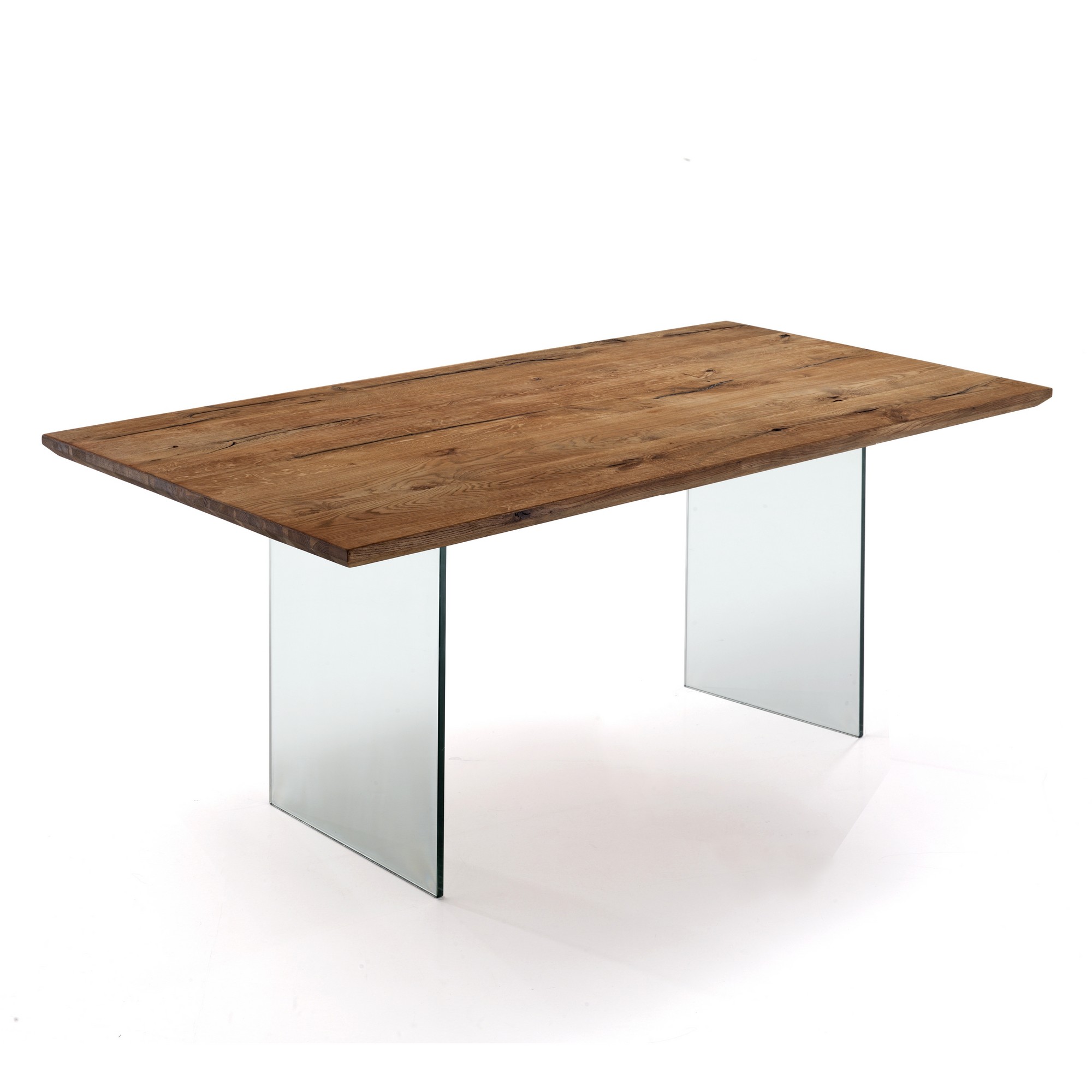 Stół FLOAT - nogi ze szkła hartowanego, blat z litego dębu, 76x90x180 cm, stół jadalny