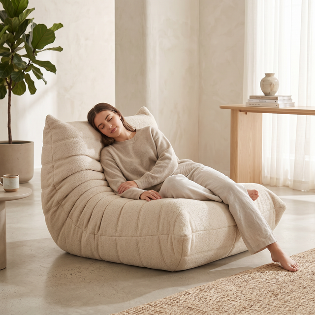 Fauteuil paresseux - Velours beige - Confort relaxant - canapé 1 place - Canapé - Chauffeuse- 86x105x75 cm