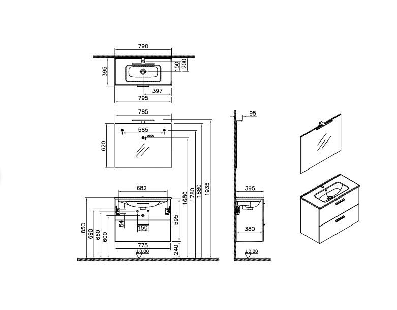Meuble de salle de bain suspendu 80cm lavabo 2 tiroirs miroir LED Mia - 6