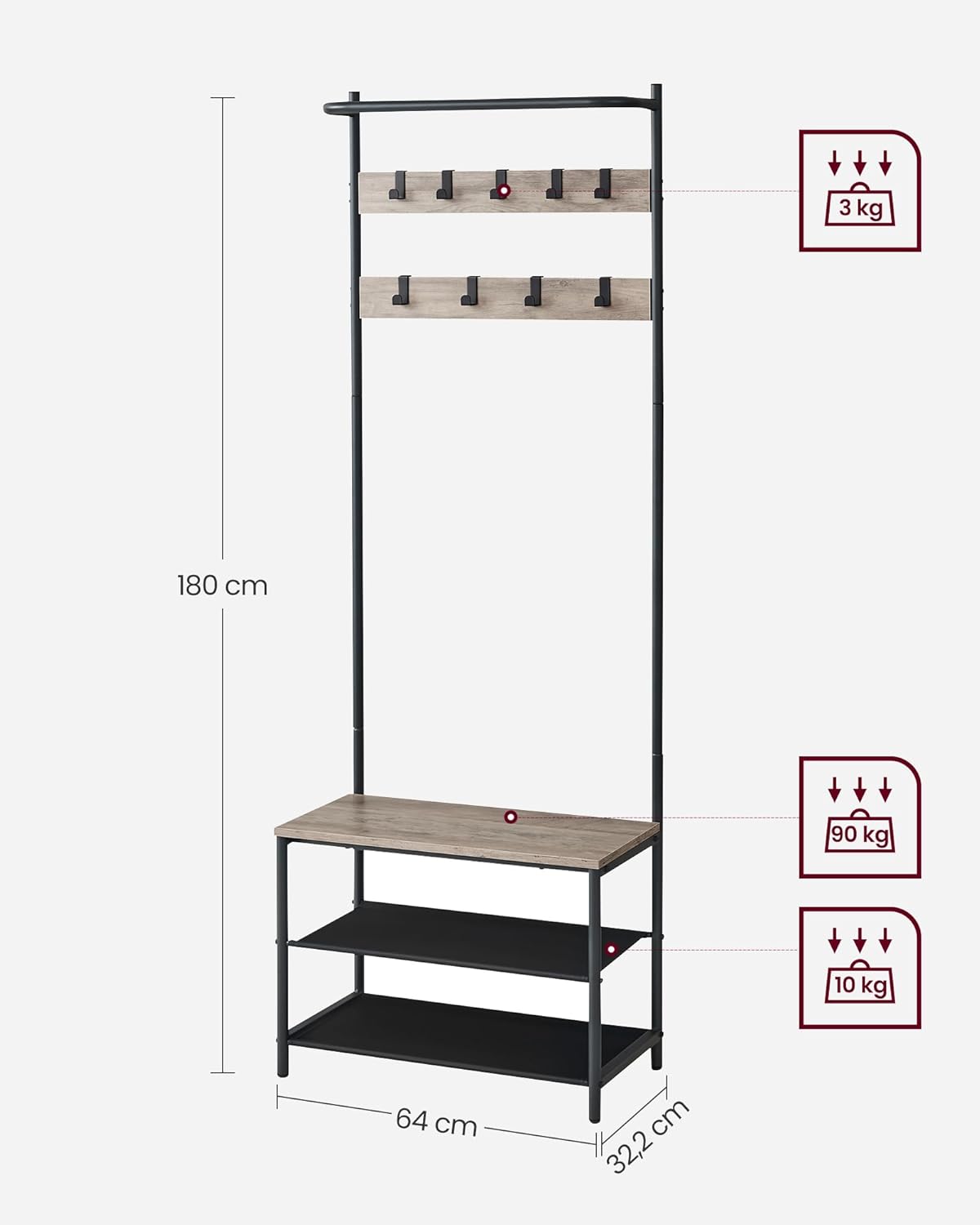 Appendiabiti con Panca Scarpiera, 9 Ganci Rimovibili, Barra Appendiabiti, 32,2 x 64 x 180 cm, Greige e Nero - 6