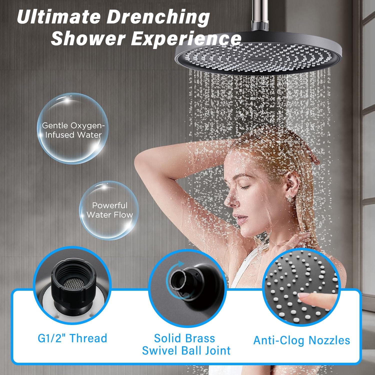 Pommeau de douche rond haute pression, pommeau de douche anticalcaire, pommeau de douche universel (noir) 25CM - 3