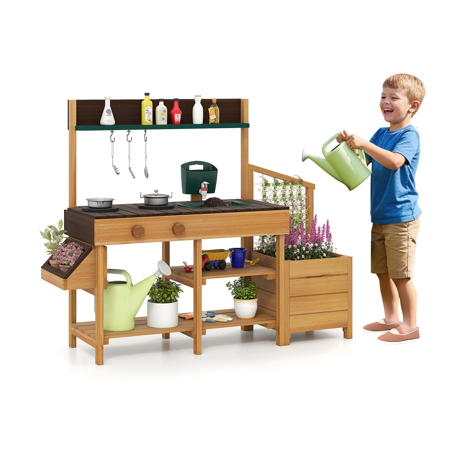 Cuisine Extérieure GOPLUS En Bois De Sapin – Évier Amovible, Plaques Cuisson, Pots De Plantation, Tableau Noir – Dès 3 Ans – Accessoires Inclus