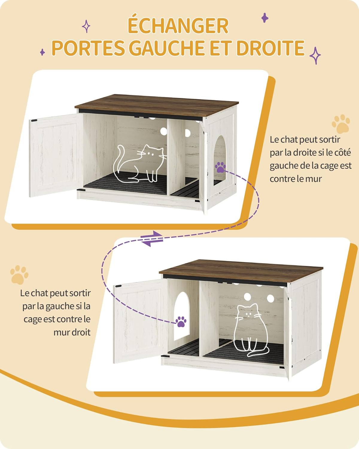 Caixa de areia para gatos, armário para areia com divisória amovível, casota para gatos, entrada reversível (esquerda ou direita), castanho e branco. - 6