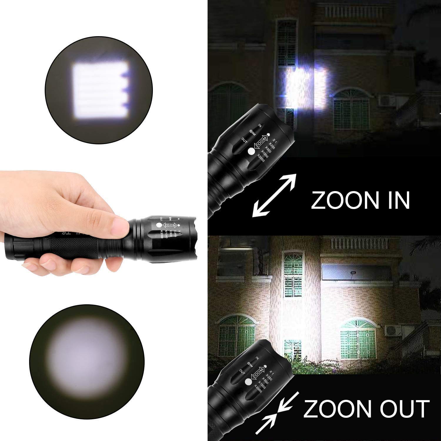 Torcia a LED, torcia a LED ricaricabile, torcia a LED extra-large, torcia tattica militare, 5 modalità, zoom regolabile, torcia impermeabile - 5