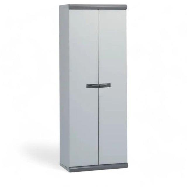 Armadio portascope in PVC alveolare ad estrusione con 4 ripiani regolabili paratia per scope e piedi altezza 4 cm