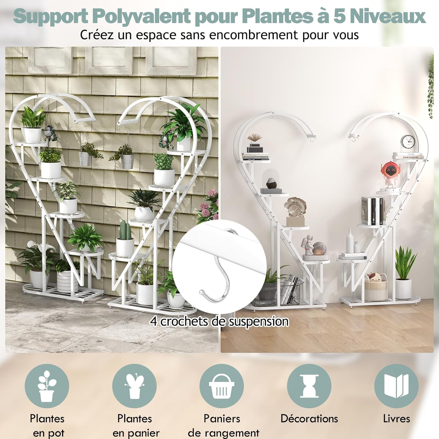 Support pour Plante à 5 Niveaux en Métal, Étagère en Forme de Cœur avec 4 Crochets, Plate-forme à Lattes, Blanc - 4
