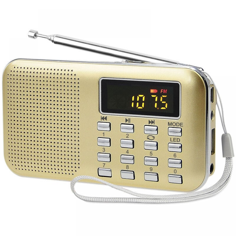 Radio przenośne, FM/AM, zasilanie bateryjne i sieciowe, odtwarzacz MP3, głośnik, obsługa kart TF/USB, latarka, kolor złoty