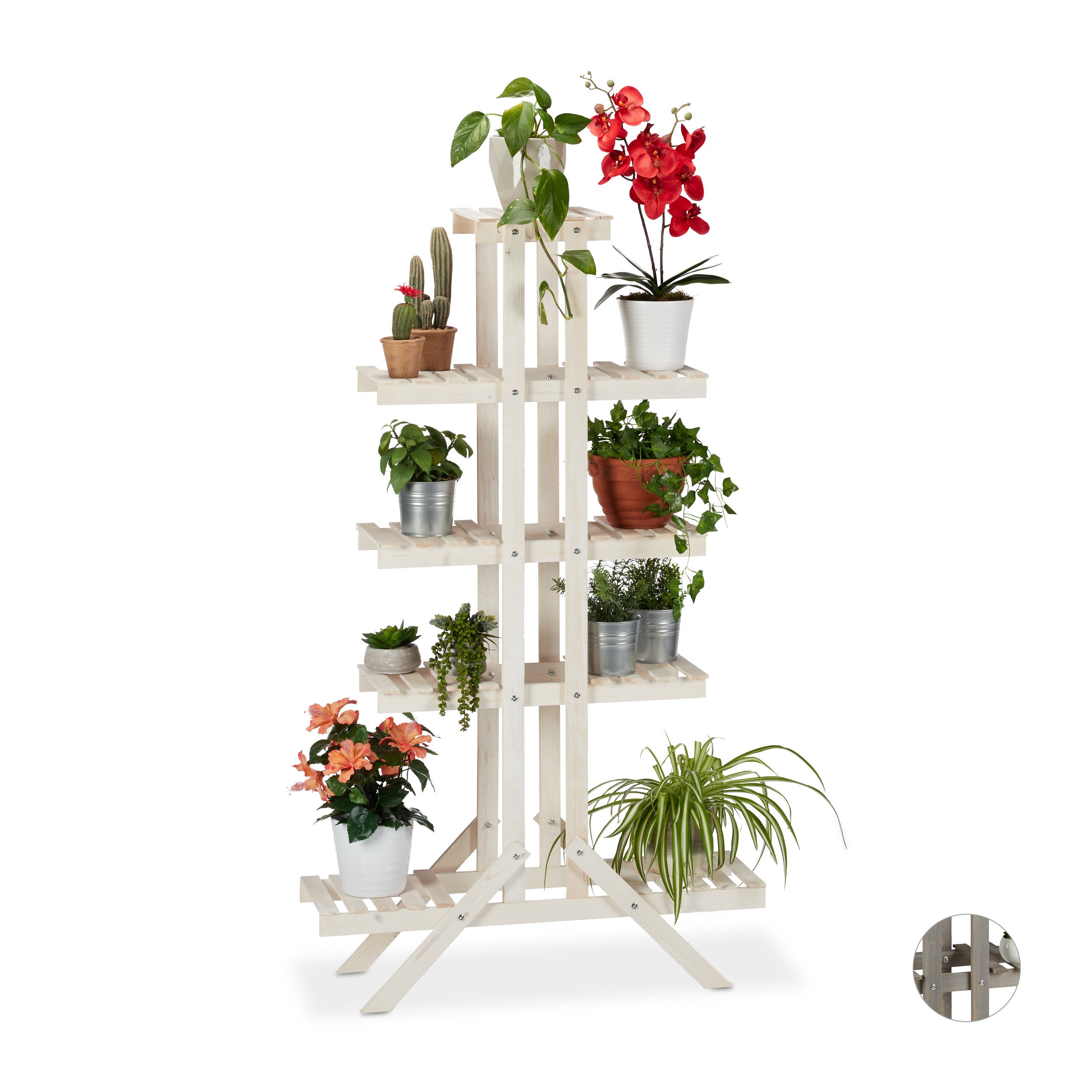 Étagère Escalier Pour Plantes En Bois Pin - 5 Niveaux, 9 Plateaux, Gris, 142x83x25 Cm, Intérieur