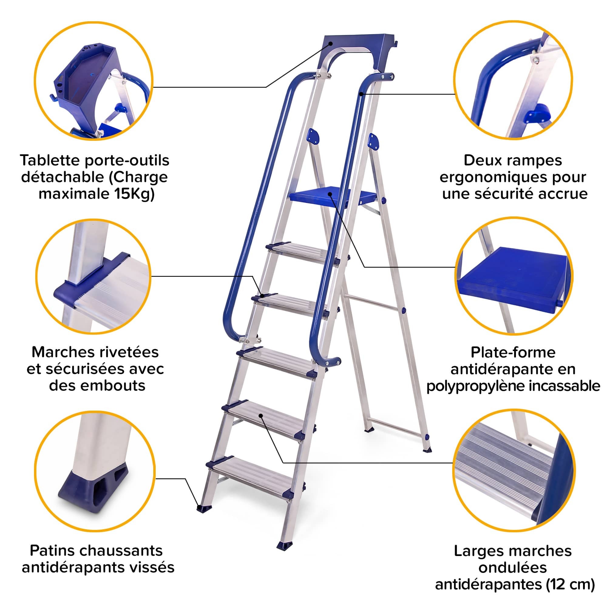 HOSTRÖM Escabeau 6 marches Secure pro, aluminium renforcé, sécurisé avec rampes, tablette porte-outils, hauteur plateforme 135cm, charge 150kg - 4