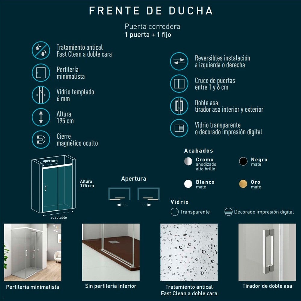 Parete doccia scorrevole 1 porta 1 fissa | 195 cm (Adattabile 189-194cm) | Vetro Anticalcare Trasparente 6 mm | Profilo cromato - 5