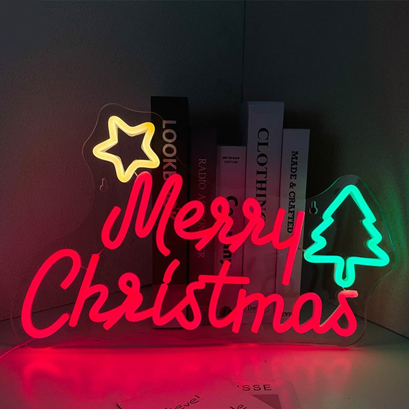 Świecący neon LED "Wesołych Świąt", z regulacją jasności, do dekoracji ściennej, zasilany przez USB.