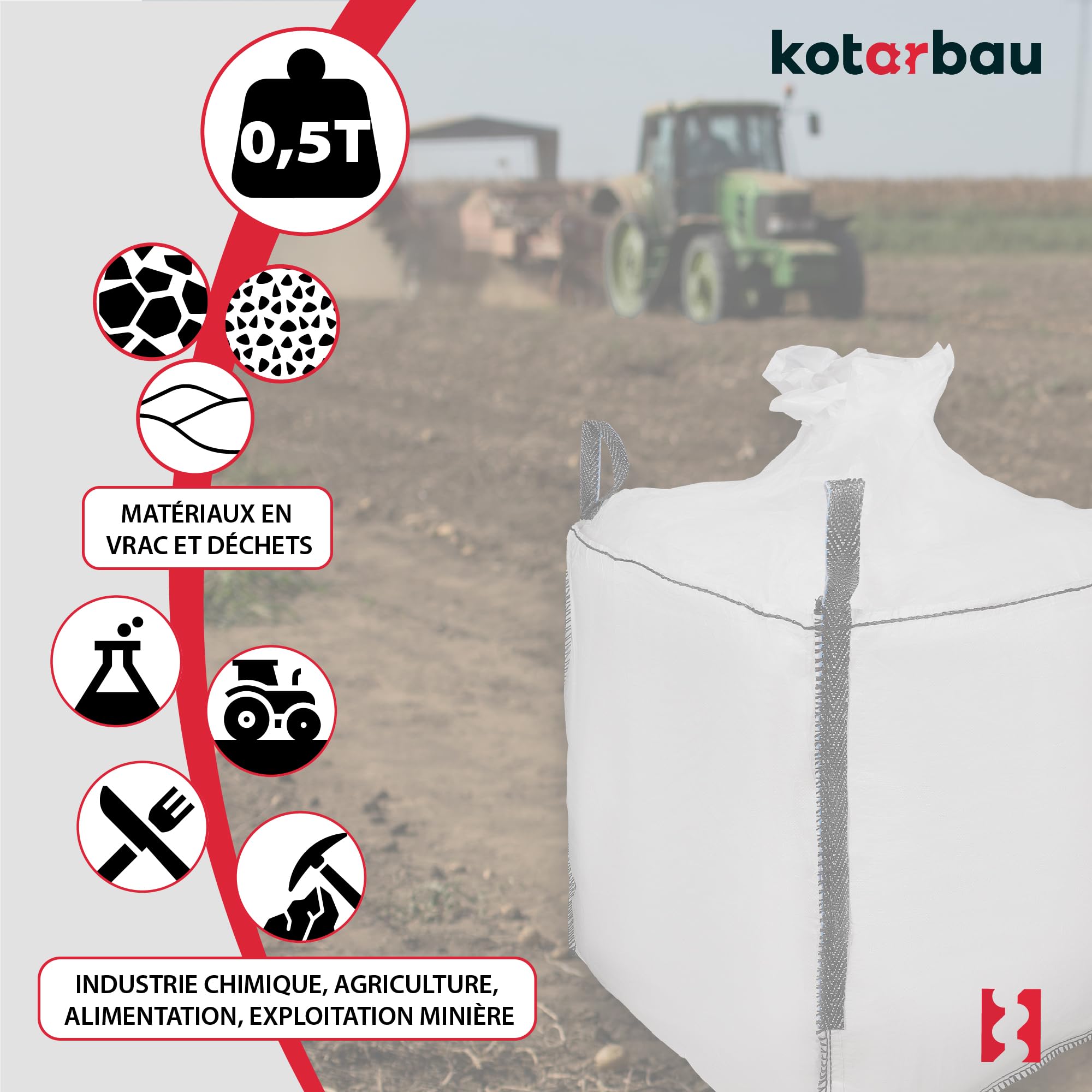 Sac Big Bag Vide, Sac Gravat Chantier 90x90x90 cm 500 kg avec trémie de vidange et goulotte 2 pièces - KOTARBAU - 4