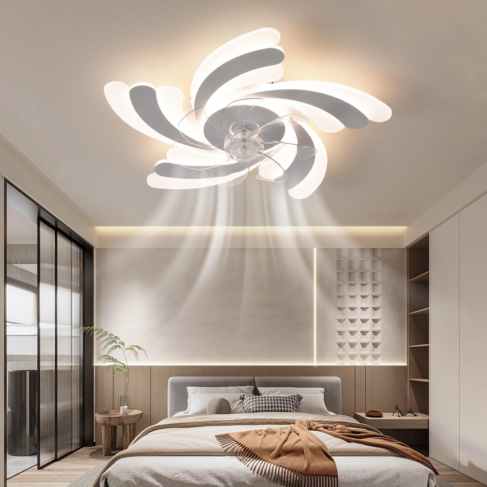 Ventilateur de plafond avec lumières, ventilateur de plafond encastré avec télécommande et application, 6 vitesses de vent, intensité variable, 65 cm - 8